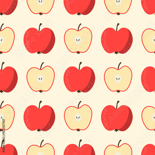 Seamless apple pattern, red whole and sliced apples repeat background. For packaging, textiles, wallpapers, wrapping paper, stationery, kitchen decor, and food branding.