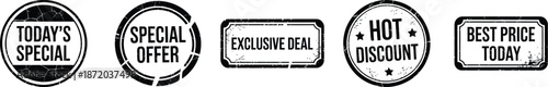 Sale Stickers Vector Set Black and White Grunge Style Today's Special Exclusive Deal Hot Discount Best Price Offers
