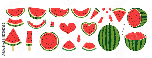 Watermelon clipart set — flat vector illustrations, slices, wedges and popsicles, cubes and balls, skewer variations, seeds and rind elements. For summer packaging, food menus, party invitations, digi
