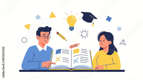 Two students sitting at a desk, studying from an open book with educational icons floating above them, in a colorful and whimsical flat illustration style with a clean white background.