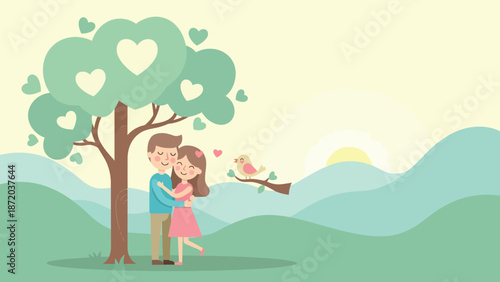 Romantic couple hugging under heart-shaped tree in nature illustration