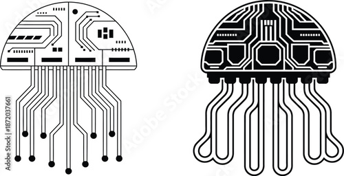 Circuit Jellyfish designs showcasing intricate electronic patterns on dome shaped bodies with flowing circuit trace tentacles representing futuristic technology and biomimicry.
