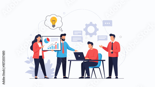 A group of four colleagues collaborating over a laptop and graph presentation in a modern office setting with a supportive team dynamic and various visual aids.