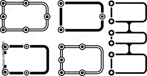 Diagrams abstract interconnected frames displaying nodes and paths with varied line weights and structural configurations for visual organization.
