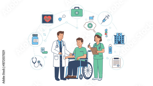 Illustration of a doctor and nurse supporting a patient in a wheelchair with various medical icons floating around them on a white background.