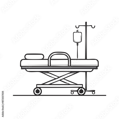 Hospital bed with IV drip stand for patient treatment in medical facility outlined in digital line art
