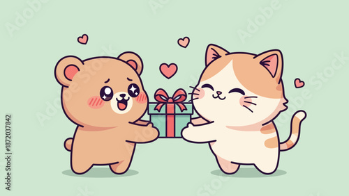Cute bear and cat animal friends exchanging gift illustration