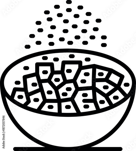 Crumbled cheese pieces in a bowl receiving a sprinkle of spices, ideal for culinary or food related designs