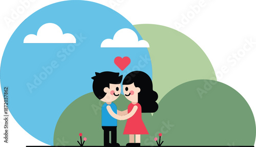Romantic couple hugging in nature with moon background illustration