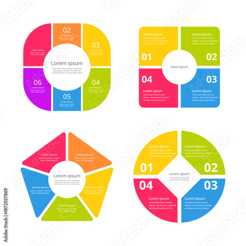Colorful infographic templates — 4, 5, 6 segment layouts. Flat vector set. For visualizing processes, stages, categories or options. Suitable for presentations, reports, dashboards, slides, marketing 