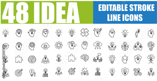 Idea Icon Set - Creative, Brainstorming, Solution, Thinking, Lightbulb, Brain, Innovation, Inspiration, Invention, Concept, Problem Solving, Eureka Moment and More - Editable Line Icons, Vector Illust
