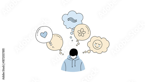 Illustration of a person with thought bubbles containing various symbols like a heart, flower, and smiley face, conveying emotions, on a clean white background with a minimalist style.