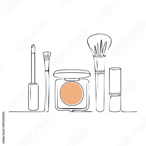 Simple continuous line drawing makeup tools including brushes, powder, and lipstick