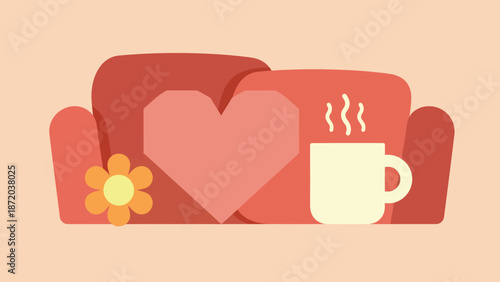 Cozy living room sofa with heart cushion and coffee