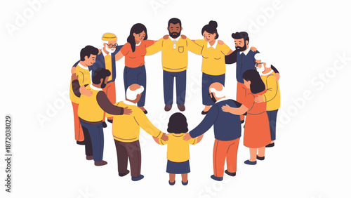 Diverse group of people forming a support system by holding hands in a circle with unity and solidarity on a white background.