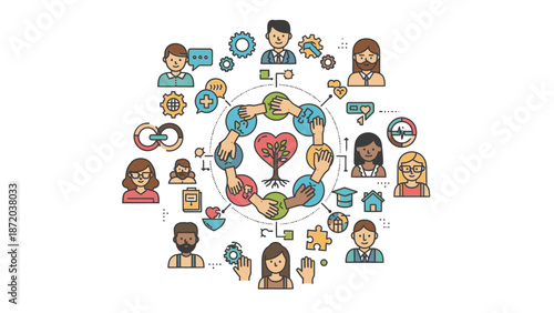 A diverse group of people connected by lines and icons in a circular support system with colorful, flat illustrations on a white background.