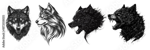 Detailed black and white illustrations of four wolf heads in various expressions on a white background for design and artistic use with wolves