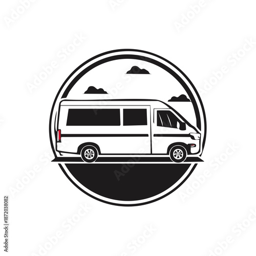 Simple Round Van Illustration of a Large Vehicle Set in a Decorative Circle with Clouds