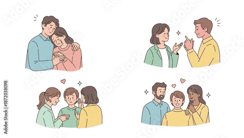 Illustration of four cartoon-style scenes depicting various intimate moments between couples in different emotional exchanges with a soft pastel color palette and minimalist background.