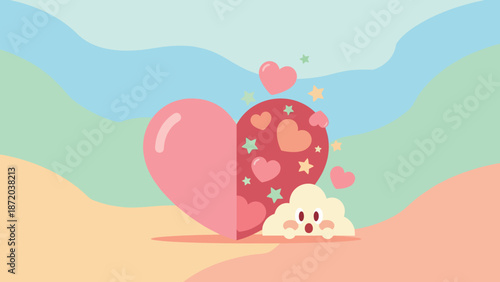 Cute cloud character peeking behind split heart background