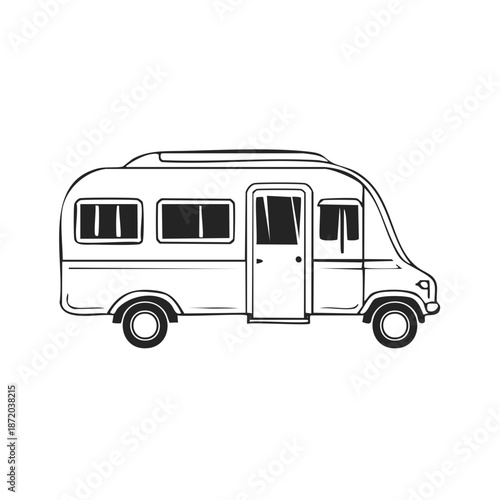 Hand Drawn Recreational Vehicle Illustration. Sketch Style Camper for Travel