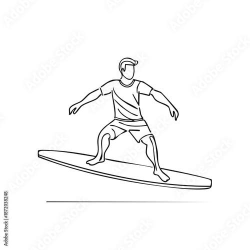 Line drawing of a surfer riding on surfboard. Outline of a man enjoying sea watersports. Artistic monochrome illustration for prints or web design. Simplified watersport drawing.