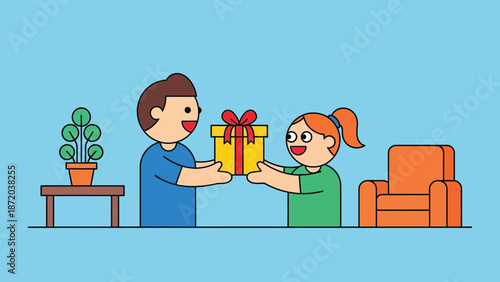 Boy giving gift box to girl in home living room illustration