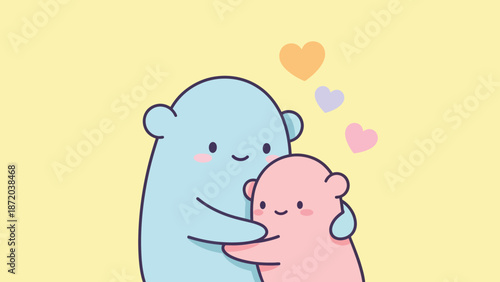Cute bear parent hugging baby bear with hearts illustration