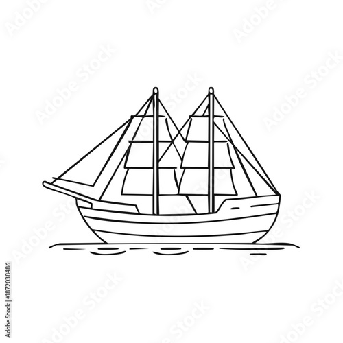 Sailing Vessel Outline Sketch Vintage Ship with Sails Illustration Simple Line Art Boat on Water Drawing Nautical Icon
