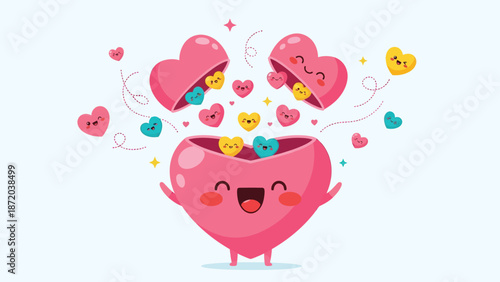 Happy pink heart character releasing smaller hearts and confetti