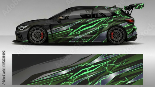 A black sports car with a dynamic green lightning bolt graphic wrap design.