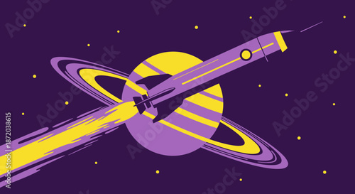 A stylized illustration of a rocket launching through space near a ringed planet