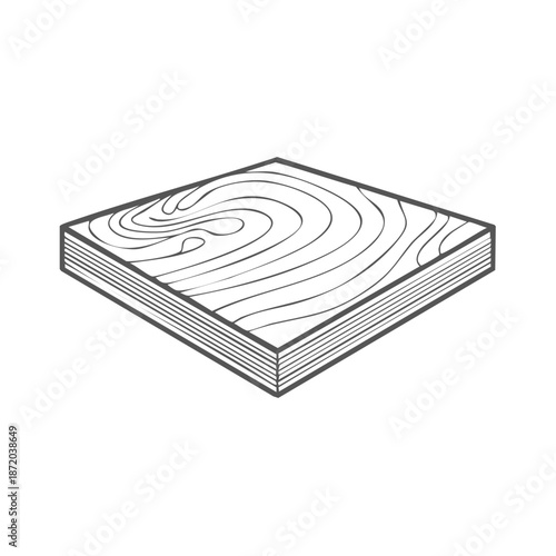 Isometric wood plank section showing stacked layers and wood grain pattern graphic