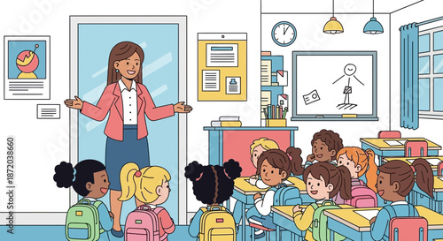 A teacher welcomes her students to a colorful classroom filled with learning materials and smiling