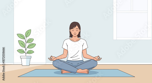 A tranquil woman practices mindfulness and wellness through yoga and meditation at home