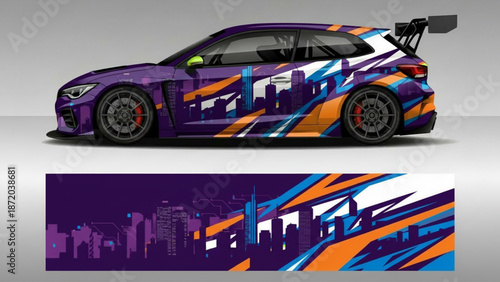 Dynamic purple racing car with abstract city skyline graphic wrap design.