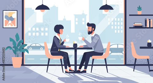 A trendy couple having coffee at a modern cafe with city view and stylish interior design creating