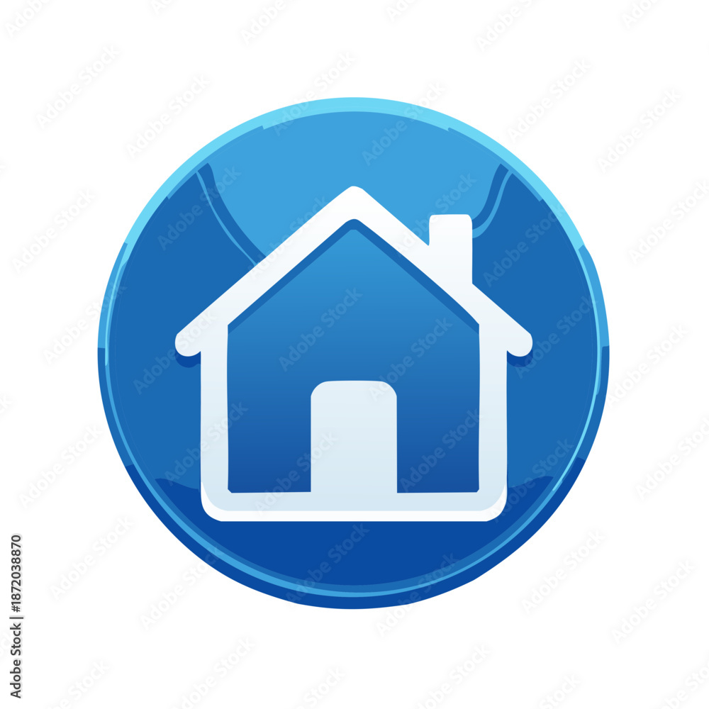 Fototapeta premium Blue circular icon showcasing a home shape with a chimney, representing a symbol for homepage or website navigation