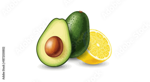 A vibrant still life illustration featuring avocado and lemon on a white background