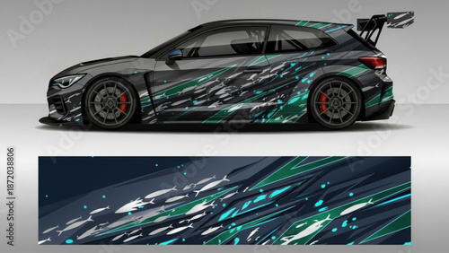 Dynamic abstract graphic car wrap design on a dark grey sports car with a large spoiler.