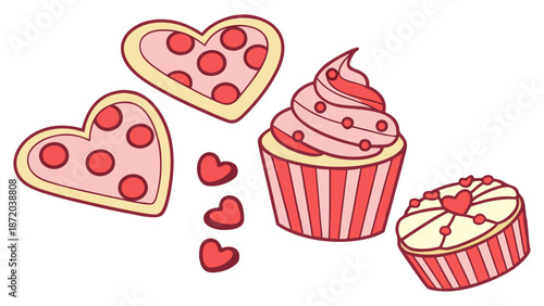 Sweet Valentine's Day treats with heart shaped pizza and cupcakes