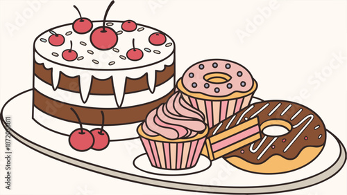 Delicious desserts on a plate with cake, donuts and cupcake