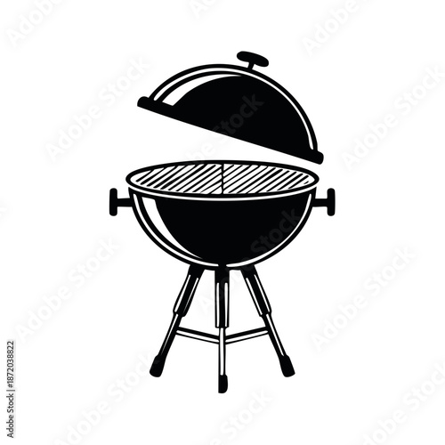Black and White Illustration of a Barbecue Grill with Lid Open Ready for Cooking Outdoors