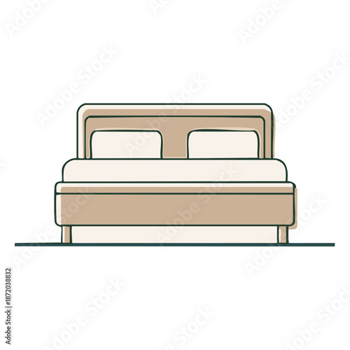 Neutral Toned Double Bed with Pillows Flat Vector Illustration Furniture Accommodation Sleep Rest Comfort Home Room Modern Interior