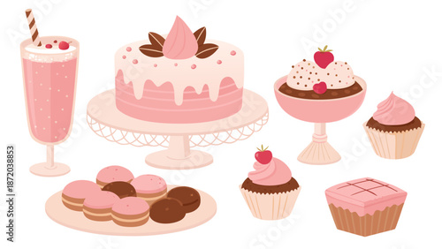 Delicious pink and brown desserts on a white background
