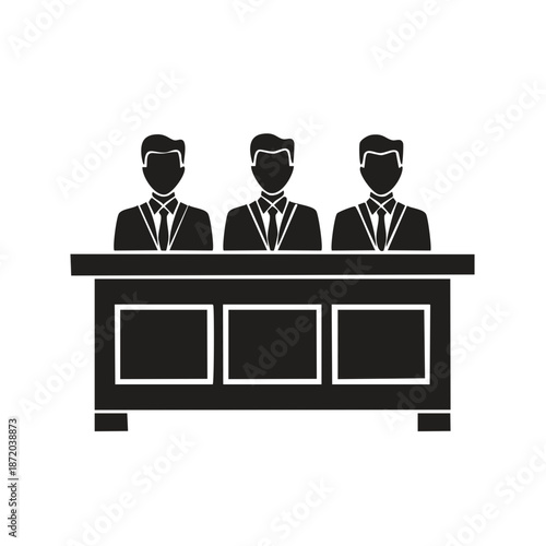 Judges Panel Icon: Three Men in Suits Sit Behind a Bench Representing Law and Judgement in Black and White