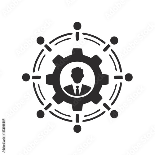 Management icon shows people connected in system gear depicts leadership organization