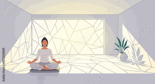 A woman doing yoga in a bright room with geometric window design and plant for a serene atmosphere