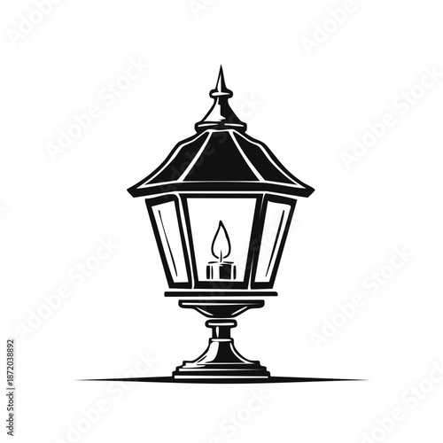 Vintage style street lantern with a candle glowing inside in monochrome vector illustration