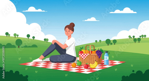 A woman enjoying a peaceful picnic outdoors with a basket full of fresh food items in serene
